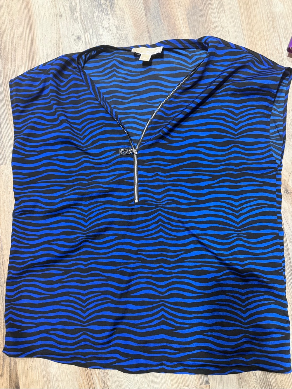 Michael Kors Blue and Black Zebra-Stripe V-Neck Zip Top
